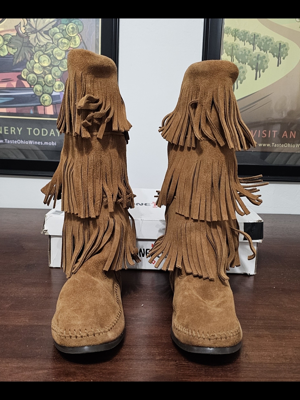 Fringed Suede Mid-Calf Boots in Brown